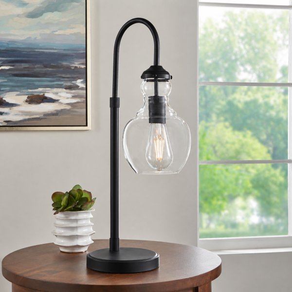 Bakerston 23 .5 in. Matte Black Table Lamp with Clear Glass Shade