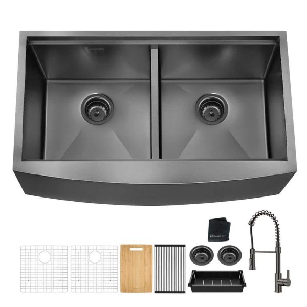 36 in. Undermount Double Bowl 18 Gauge Gunmetal Black Stainless Steel Workstation Kitchen Sink with Spring Neck Faucet
