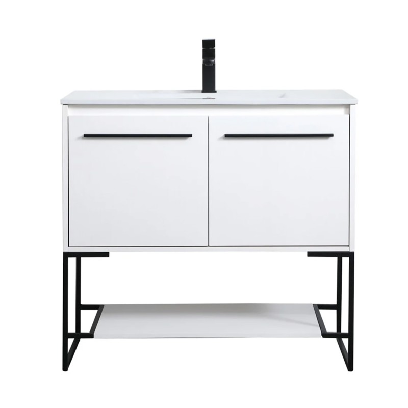 Elegant Lighting Gerard 36" Free Standing Single Basin Vanity Set with Cabinet and Resin Vanity Top White