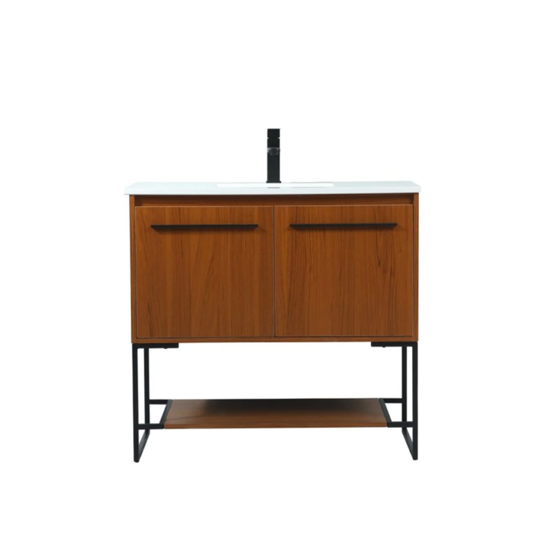 Elegant Lighting Sloane 36" Free Standing Single Basin Vanity Set with Cabinet and Engineered Marble Vanity Top Teak