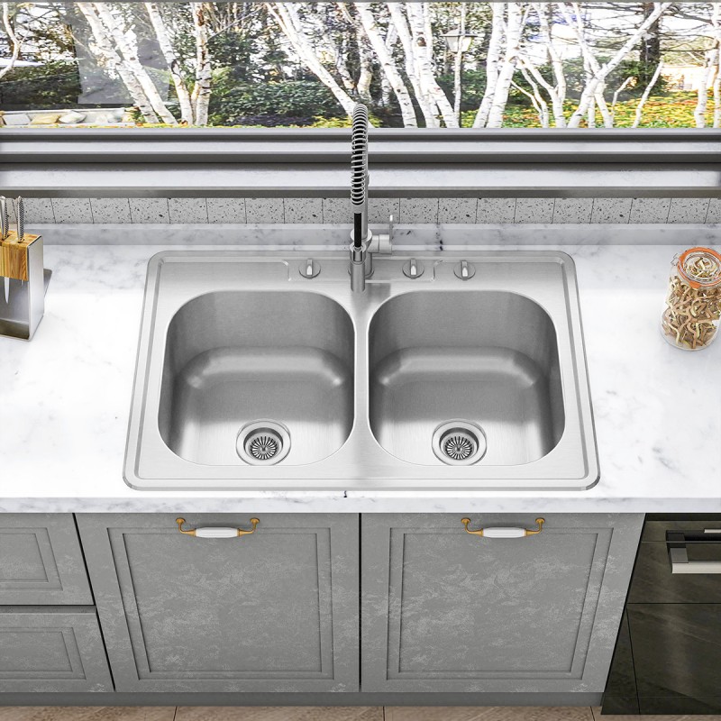 33 in. Drop-In 50/50 Double Bowl 22 Gauge Stainless Steel Kitchen Sink with Faucet and Sprayer