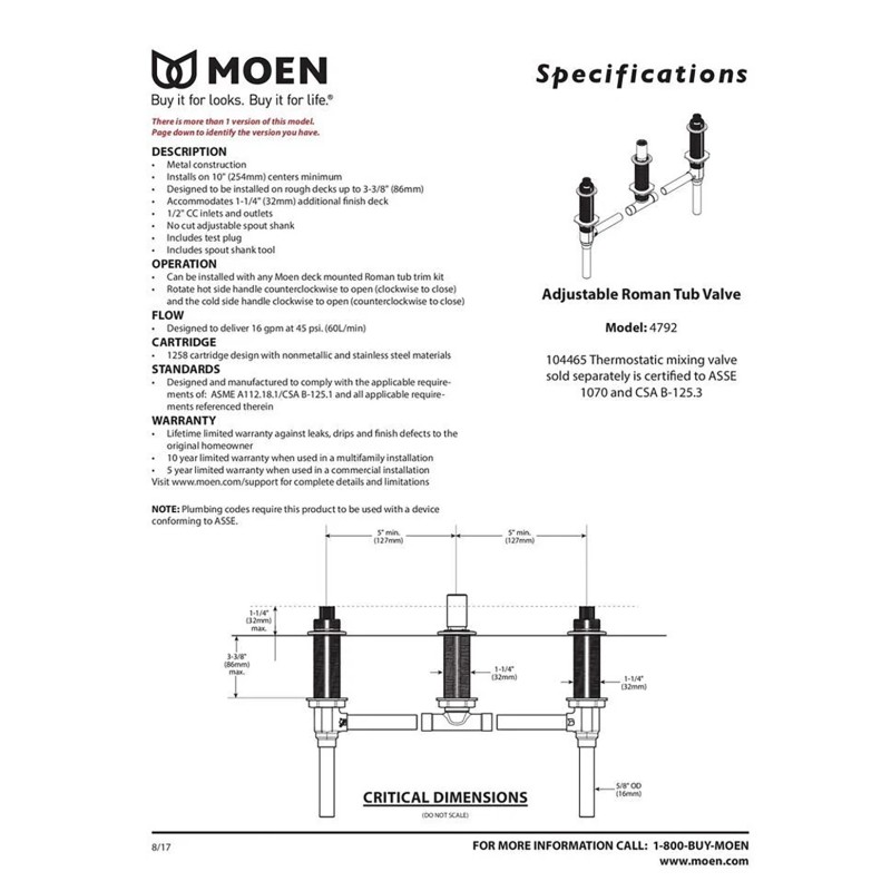 Moen Brass Two Handle 3-Hole Roman Tub Valve Adjustable 1/2-Inch CC Connection, 4792