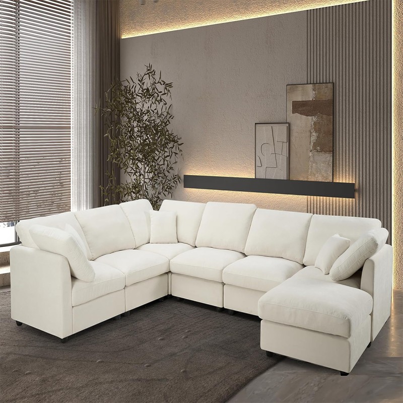 Anwick 117" Modular Sectional Sofa,U-Shaped Chenille Sofa Couch with Movable Ottoman,Modern 7 Seat Cloud Sectional Couches for Living Room Office Home Beige