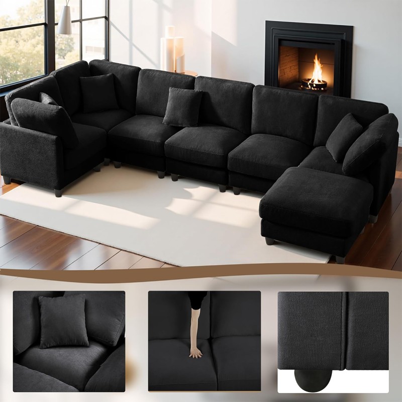 Anwick 117" Modular Sectional Sofa,U-Shaped Chenille Sofa Couch with Movable Ottoman,Modern 7 Seat Cloud Sectional Couches for Living Room Office Home Black