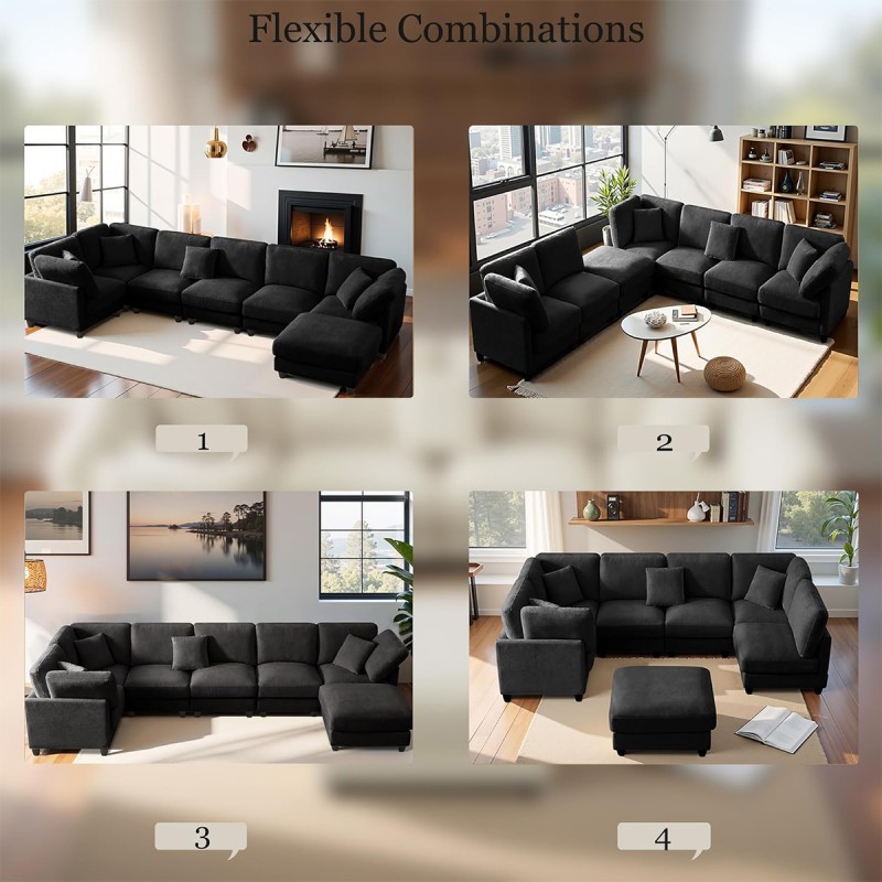 Anwick 117" Modular Sectional Sofa,U-Shaped Chenille Sofa Couch with Movable Ottoman,Modern 7 Seat Cloud Sectional Couches for Living Room Office Home Black