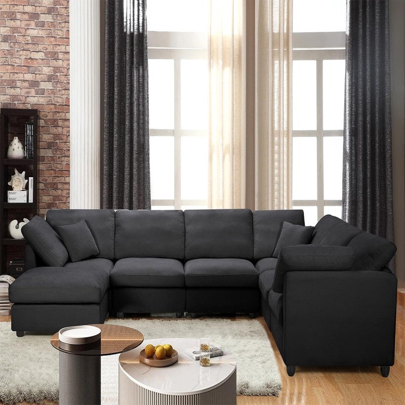 Anwick 117" Modular Sectional Sofa,U-Shaped Chenille Sofa Couch with Movable Ottoman,Modern 7 Seat Cloud Sectional Couches for Living Room Office Home Black
