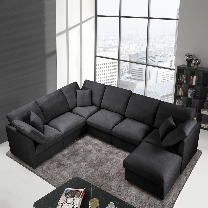 Anwick 117" Modular Sectional Sofa,U-Shaped Chenille Sofa Couch with Movable Ottoman,Modern 7 Seat Cloud Sectional Couches for Living Room Office Home Black