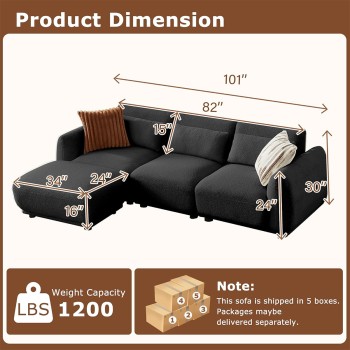 L Shaped Modular Sectional Couch with Removable Ottoman, Convertible Cloud Sofa for Living Room,Comfort Small Couch for Small Spaces(3 Set + 1 Ottomans - Black)