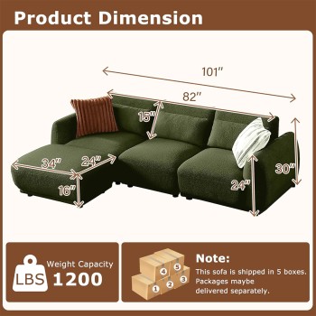 L Shaped Modular Sectional Couch with Removable Ottoman, Convertible Cloud Sofa for Living Room,Comfort Small Couch for Small Spaces(3 Set + 1 Ottomans - Green)