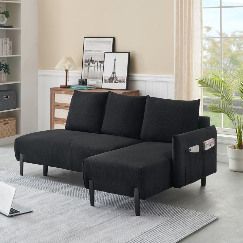 Corduroy Sofa Fabric, with Three Matching Pillows and Spacious and Comfortable Seats, for Apartment Office Living Room,for Living Room Black