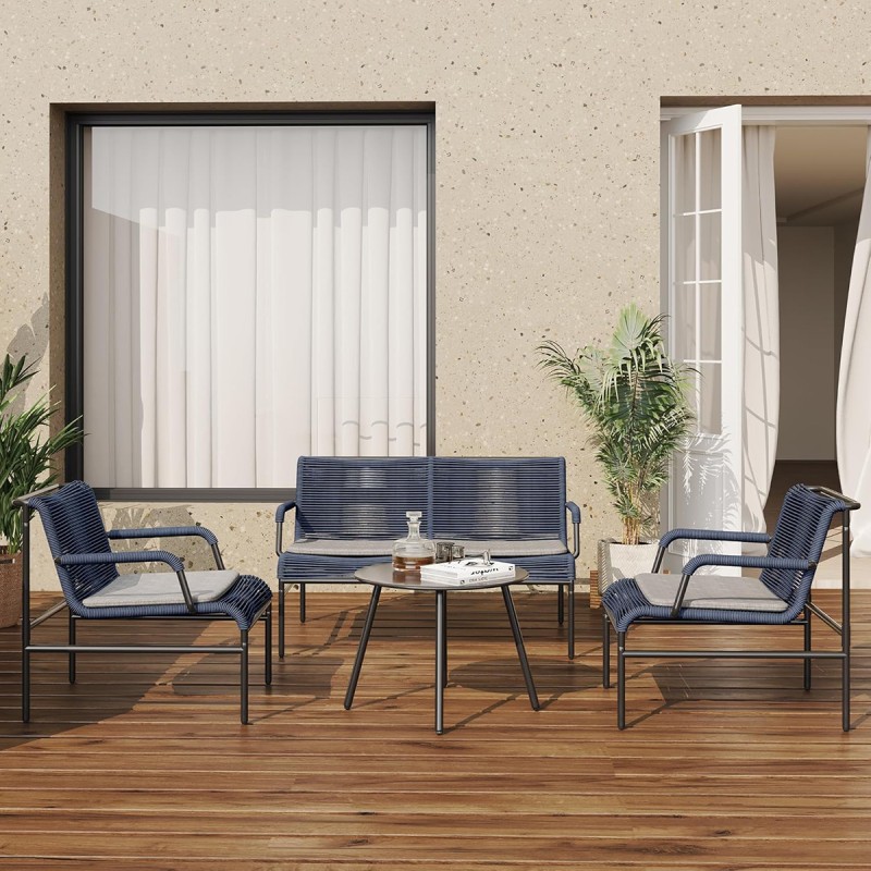 EAST OAK 4 Piece Patio Furniture Set, Outdoor Furniture with PE Wicker Rattan Chairs and Coffee Table, Modern Patio Conversation Set with Soft Pad for Garden, Backyard and Porch, Navy Blue