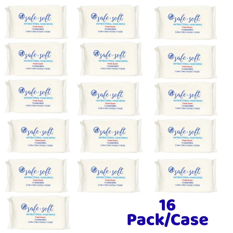 Case of 16 Packs Safe and Soft Antibacterial Hand Wipes - 72 Wipes Each