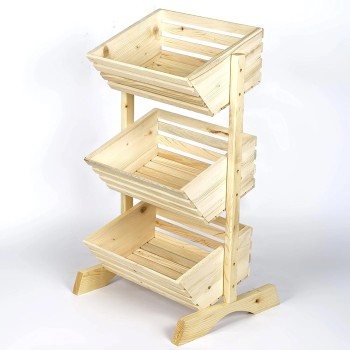 Handmade 3 Tier Wooden Fruit Basket Vegetable Storage Stand for Kitchen and Shop