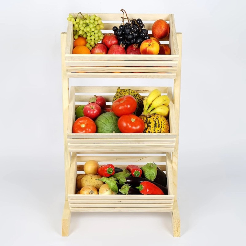 Handmade 3 Tier Wooden Fruit Basket Vegetable Storage Stand for Kitchen and Shop