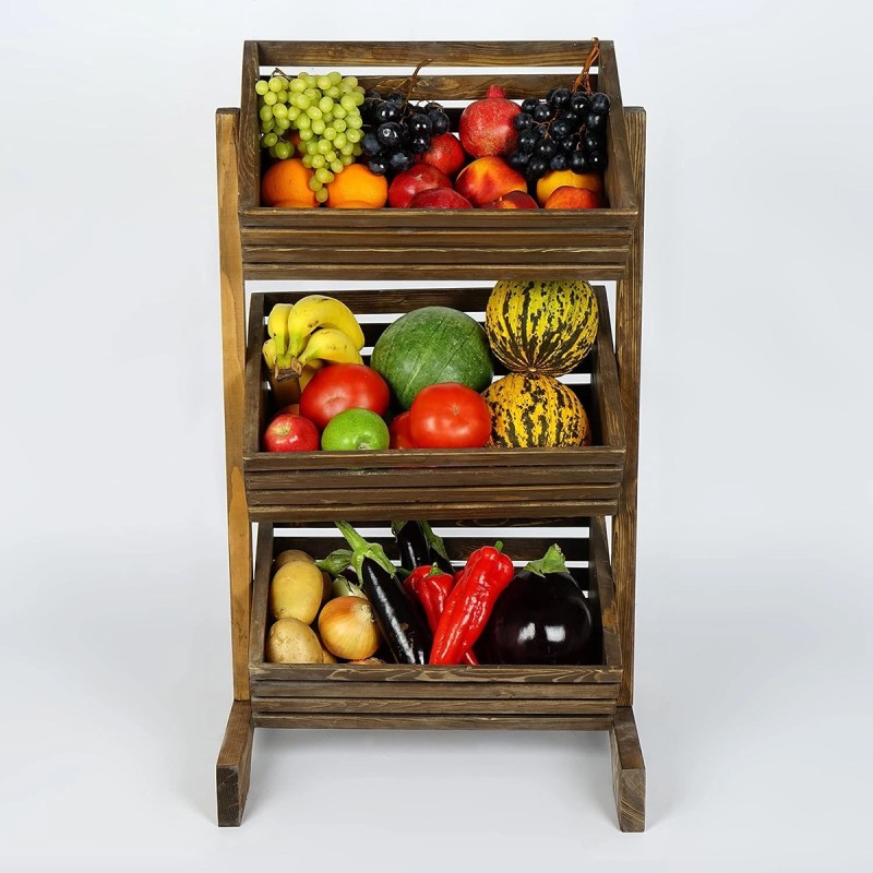 Handmade 3 Tier Wooden Fruit Basket Vegetable Storage Stand for Kitchen and Shop