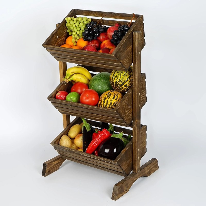 Handmade 3 Tier Wooden Fruit Basket Vegetable Storage Stand for Kitchen and Shop