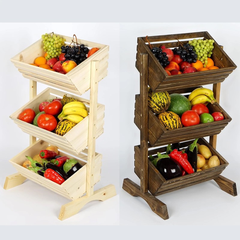 Handmade 3 Tier Wooden Fruit Basket Vegetable Storage Stand for Kitchen and Shop