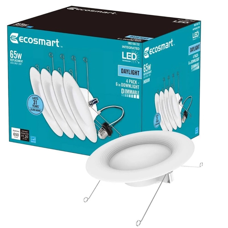 Eco-Smart 6" LED Canless Recessed Light Trim Daylight Dimmable White New/Remodel 4-Pack