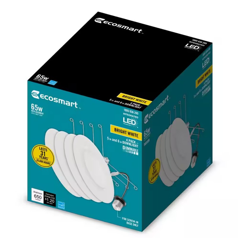 EcoSmart 5/6 in. LED Recessed Retrofit Trim 3000K Soft White – 4 Pack
