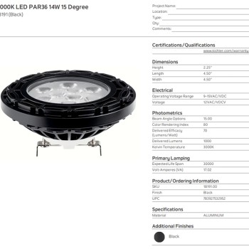Kichler 18191 LED PAR36 Bulb 14W 3000K 15° Narrow Flood 12V Black Landscape