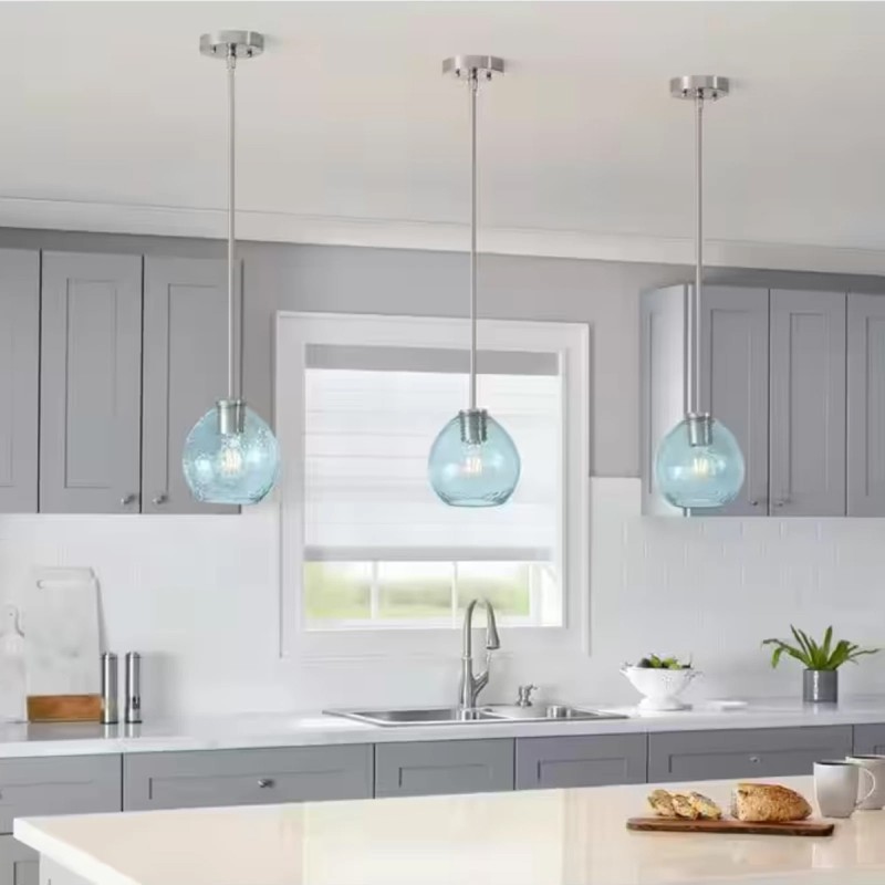 Blue Bubble Glass Globe Pendant Lamp Shades, 7.16 in., 2.25 in. Lip Fitter, Set of 3