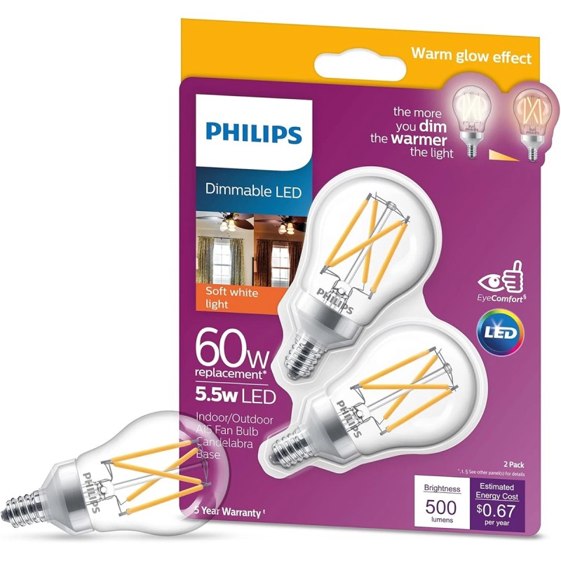 Philips LED Clear Dimmable, Warm Glow Effect A15 Light Bulb - Pack of 2