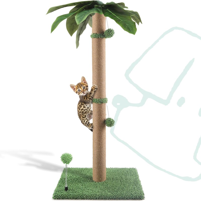 Pomesea Cat Scratching Post, 34'' Tall Cat Scratchers for Indoor Cats with Hanging Balls, Tall Cute Sisal Kitten Scratch Post with Reinforced Stable Base, Green