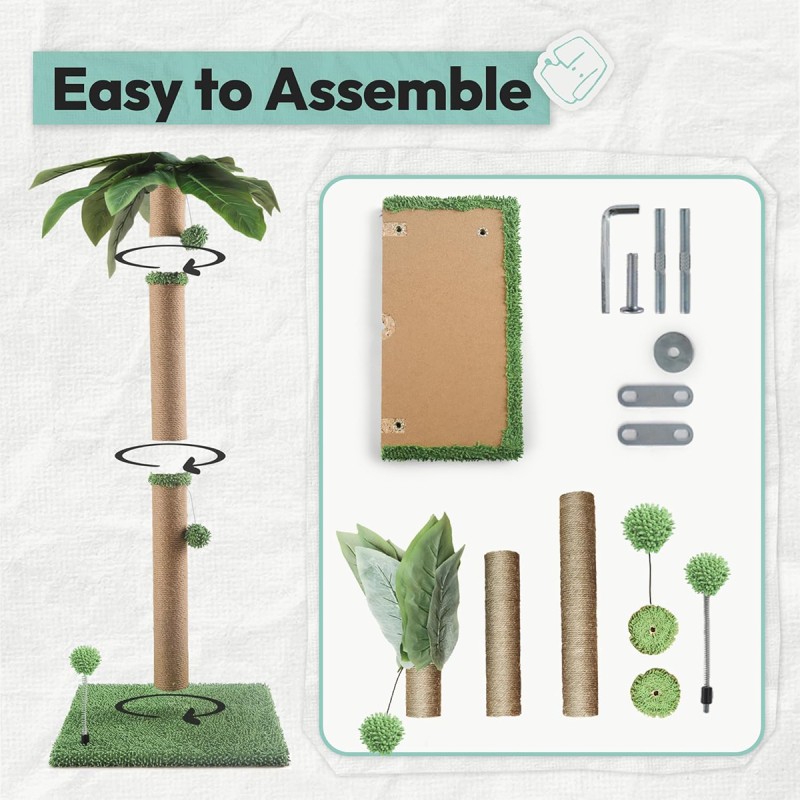 Pomesea Cat Scratching Post, 34'' Tall Cat Scratchers for Indoor Cats with Hanging Balls, Tall Cute Sisal Kitten Scratch Post with Reinforced Stable Base, Green