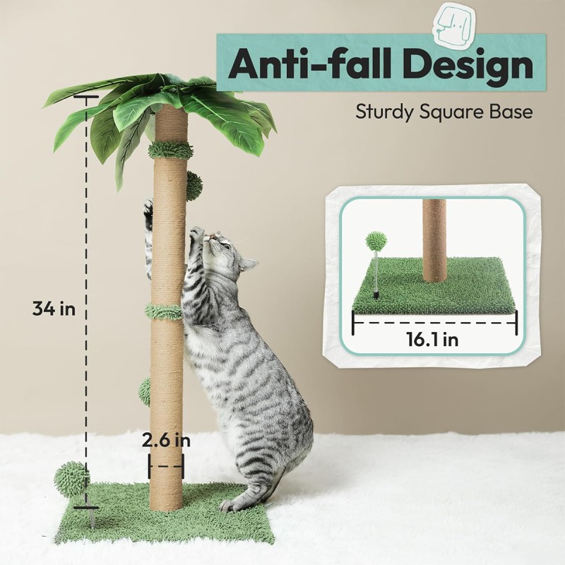 Pomesea Cat Scratching Post, 34'' Tall Cat Scratchers for Indoor Cats with Hanging Balls, Tall Cute Sisal Kitten Scratch Post with Reinforced Stable Base, Green