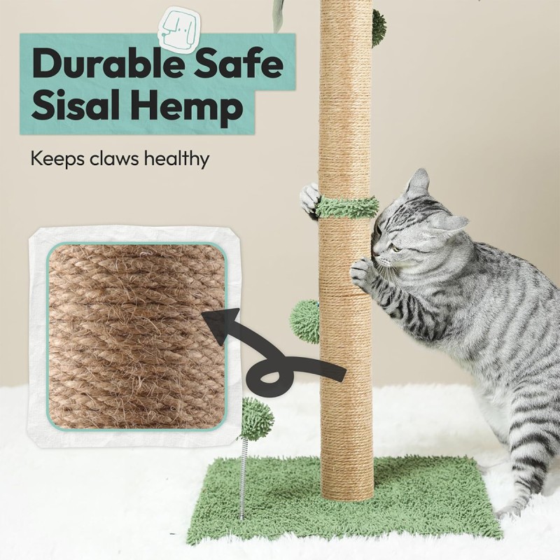 Pomesea Cat Scratching Post, 34'' Tall Cat Scratchers for Indoor Cats with Hanging Balls, Tall Cute Sisal Kitten Scratch Post with Reinforced Stable Base, Green