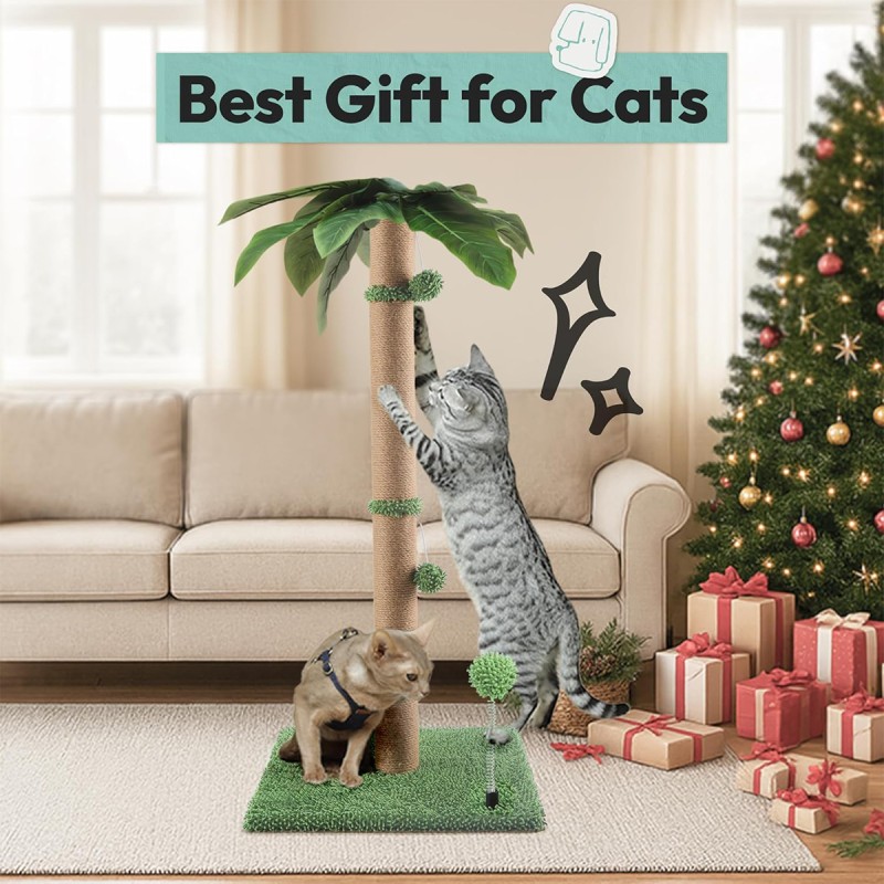Pomesea Cat Scratching Post, 34'' Tall Cat Scratchers for Indoor Cats with Hanging Balls, Tall Cute Sisal Kitten Scratch Post with Reinforced Stable Base, Green