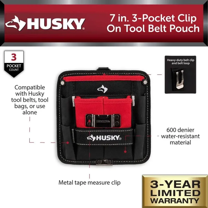 Husky 7 in. 3-Pocket Clip On Tool Belt Pouch