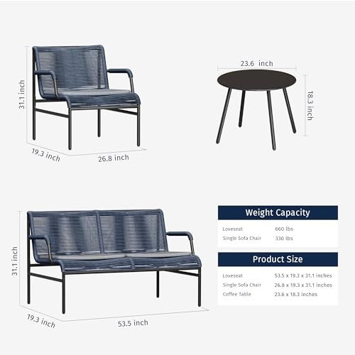 EAST OAK 4 Piece Patio Furniture Set, Outdoor Furniture with PE Wicker Rattan Chairs and Coffee Table, Navy Blue
