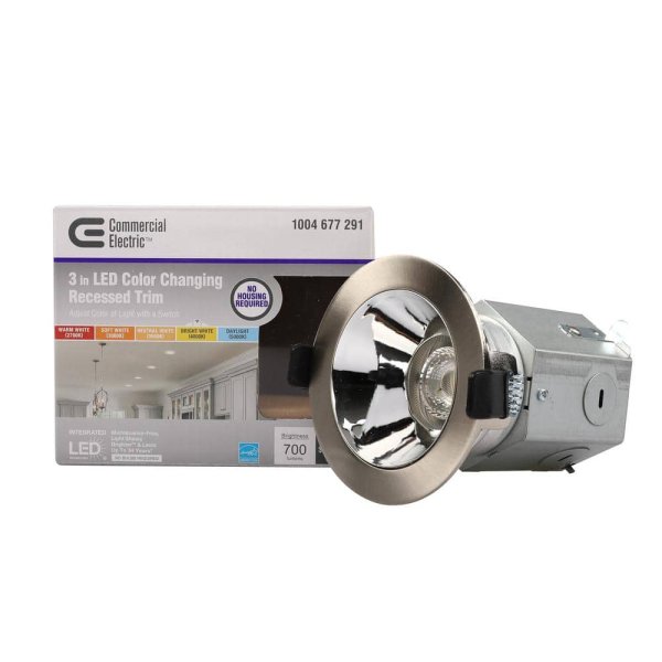 Commercial Electric 3 in New Construction or Remodel Brushed Nickel Canless Integrated LED Recessed Light Kit with Color Changing Technology