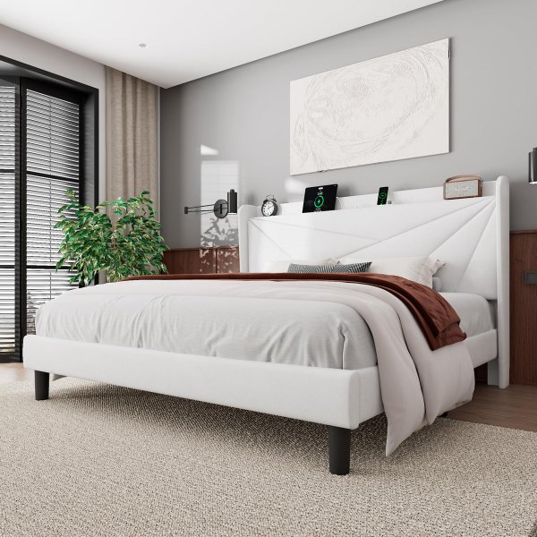 I870000583C4 - King Size Upholstered Bed Frame With Charging Station And Wingback Storage Headboard - White
