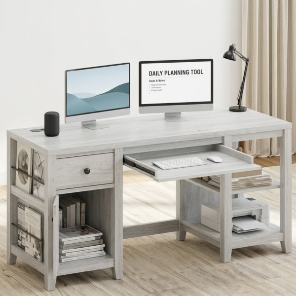 Nesture Grove 58-Inch Office Desk with Drawers, Keyboard Tray and Storage Shelves - White