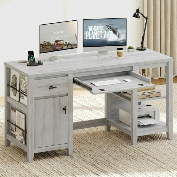 Nesture Grove 58-Inch Office Desk with Drawers, Keyboard Tray and Storage Shelves - White