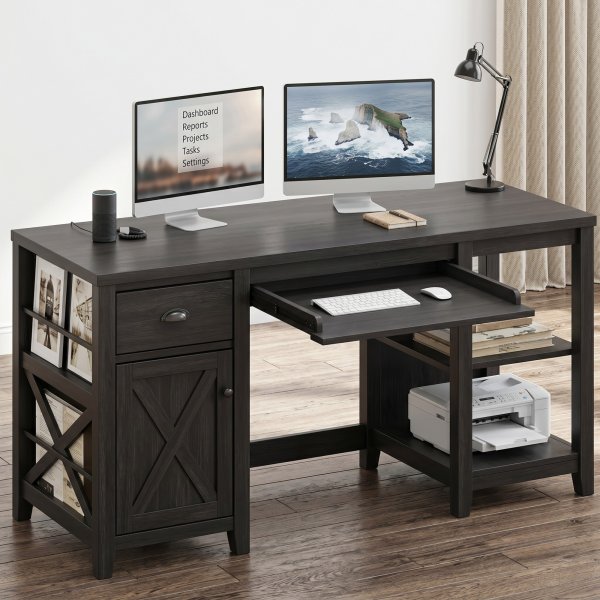 Nesture Grove 58-Inch Office Desk with Drawers, Keyboard Tray and Storage Shelves - Dark Grey