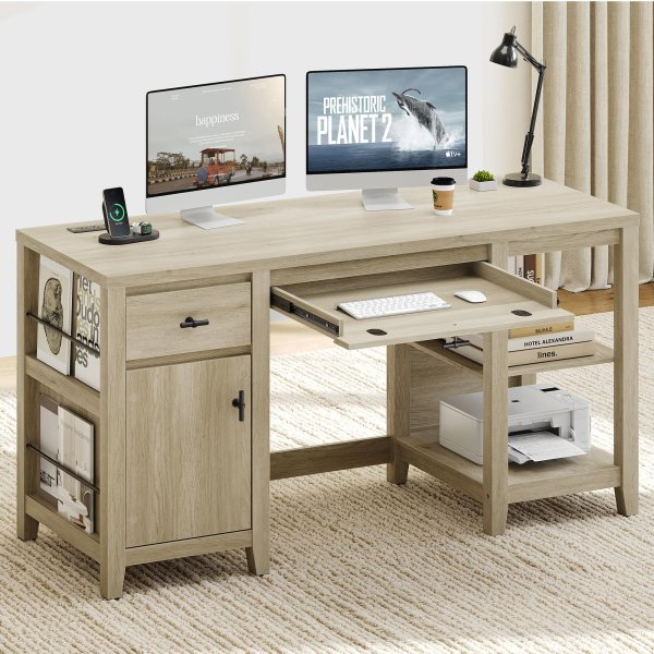 Nesture Grove 58-Inch Office Desk with Drawers, Keyboard Tray and Storage Shelves - Natural Wood