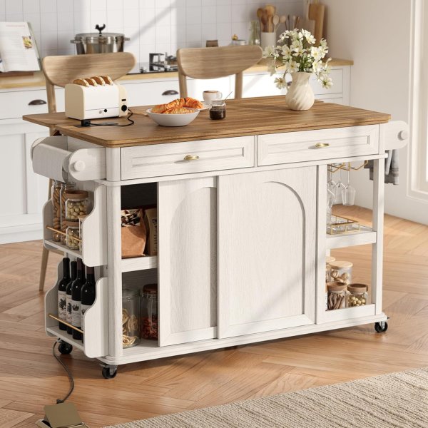 Roma Rolling Kitchen Island Cart with Storage and Power Outlets (White+Natural Oak)