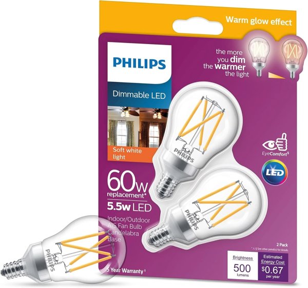 Philips LED Clear Dimmable, Warm Glow Effect A15 Light Bulb - Pack of 2