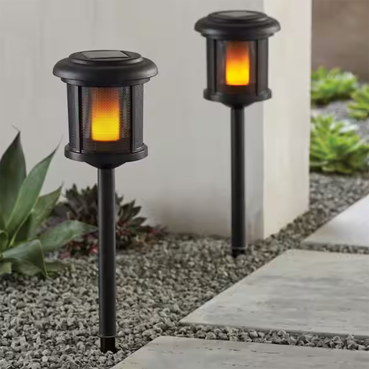 ~ Reach Us For Pallet Pricing ~ Hampton Bay Ambrose Solar 6 Lumens Black Outdoor Integrated LED Flicker Flame Path Light (2-Pack); Weather/Water/Rust Resistant