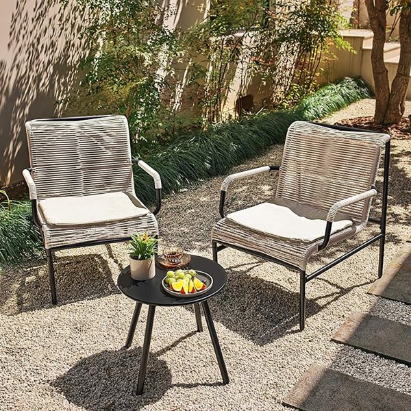 EAST OAK 3-Piece Patio Furniture Set, Outdoor Bistro Set with PE Rattan Wicker Wide Chairs, Soft Pads &amp; Coffee Table, Modern All-Weather Wicker Patio Set for Garden and Porch, Creamy Apricot