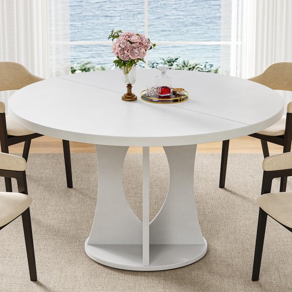 47-Inch Round Dining Table for 4-6 People with Wooden Legs (White)