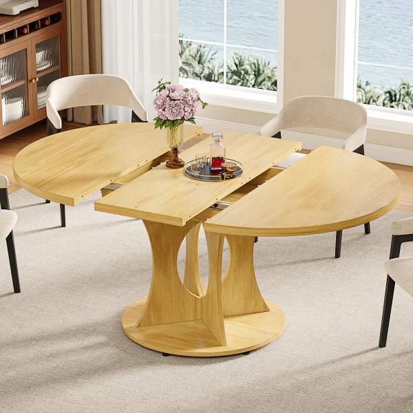 43.3-59 Inch Extendable Round Dining Table for 6-8 People with Adjustable Top and A Stable Round Pedestal Base (Oak)