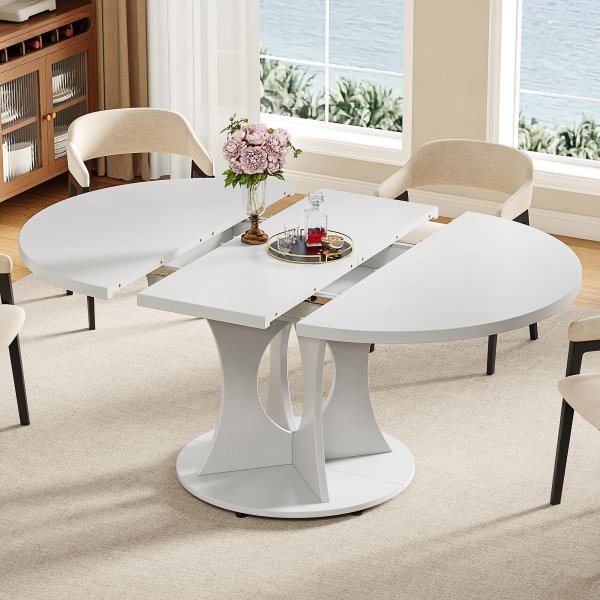 43.3-59 Inch Extendable Round Dining Table for 6-8 People with Adjustable Top and A Stable Round Pedestal Base (White)