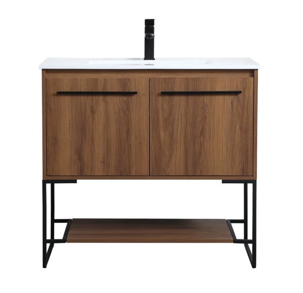 Elegant Lighting Gerard 36" Free Standing Single Basin Vanity Set with Cabinet and Resin Vanity Top Walnut Brown