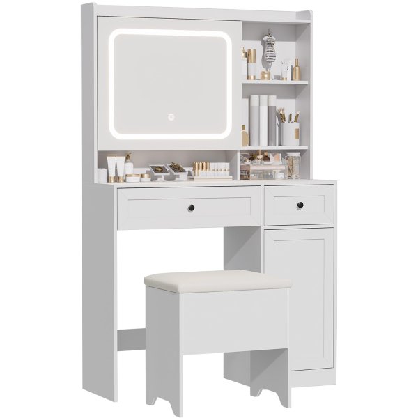 Vanity Table with Hidden Storage & LED Mirror - Includes Padded Stool - 802SZT-B (White)