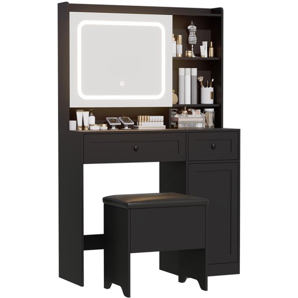 Vanity Table with Hidden Storage & LED Mirror - Includes Padded Stool - 802SZT-H (Black)