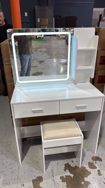 Vanity Table with LED Mirror 3 Open Shelves, 2 Drawers - Includes Padded Stool - 804SZT-B (White)